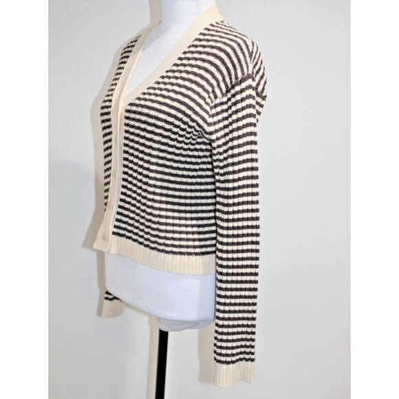 The Great. The Mini Striped Cardigan Sweater Knit Cream Woodsmoke Size 0 XS - Picture 5 of 9